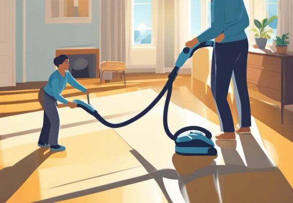 A domestic cleaner vacuuming a living room, with sunlight streaming through the window and casting shadows on the floor