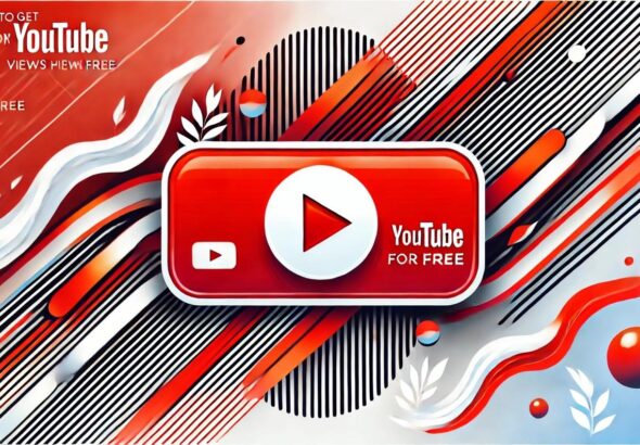 A vibrant horizontal banner for an article titled 'How to Get YouTube Views for Free.' Features a bold YouTube play button icon at the center, with dynamic red and white gradient background and clean abstract wave patterns. The design is eye-catching, modern, and completely text-free, focusing on a professional and sleek aesthetic.