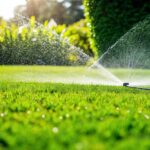 A lush, green lawn and garden with a sprinkler system running, water droplets glistening in the sunlight