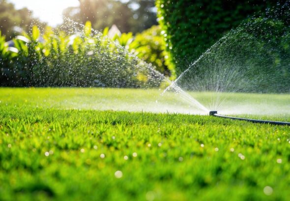 A lush, green lawn and garden with a sprinkler system running, water droplets glistening in the sunlight