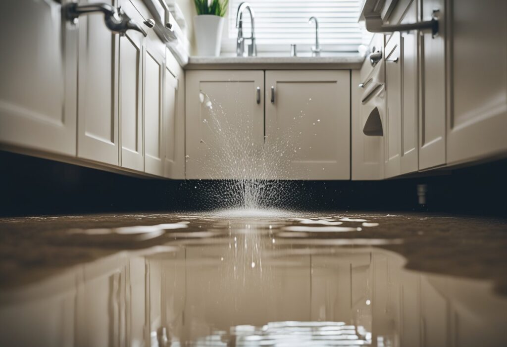 A burst pipe spraying water onto a flooded bathroom floor, while a clogged drain causes water to back up in the kitchen sink