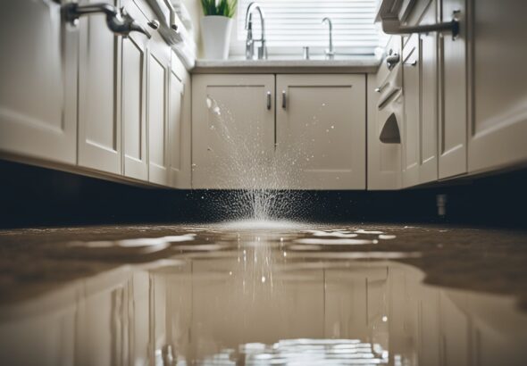 A burst pipe spraying water onto a flooded bathroom floor, while a clogged drain causes water to back up in the kitchen sink