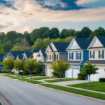 A peaceful suburban neighborhood with well-maintained homes, tree-lined streets, and a low crime rate