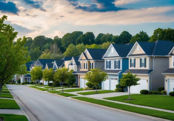 A peaceful suburban neighborhood with well-maintained homes, tree-lined streets, and a low crime rate