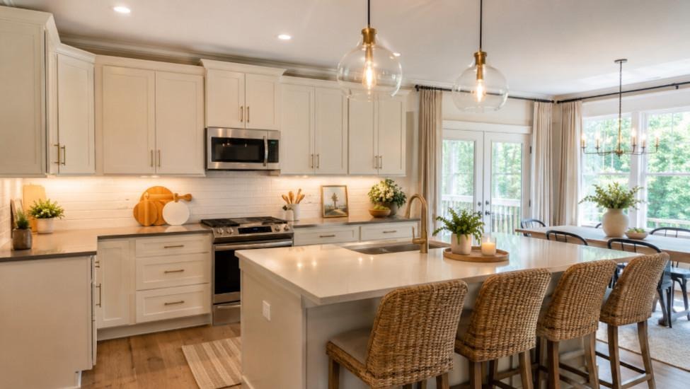 Atlanta kitchen with painted cabinets, updated hardware, pendant lighting, and a modern backsplash demonstrating how builder-grade spaces can achieve a custom look without a full remodel.